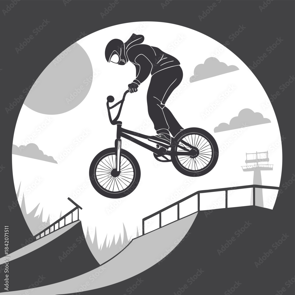 Fototapeta premium BMX Stunt Silhouette: A bold silhouette captures the dynamic energy of a BMX rider executing a daring stunt against a backdrop of clouds and a setting sun. 