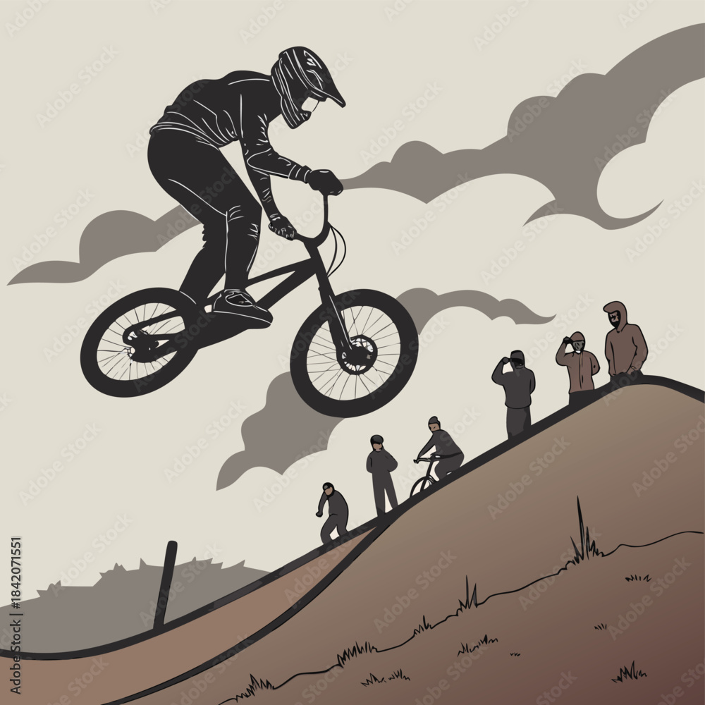Fototapeta premium BMX Rider Performing a Stunt: A BMX rider fearlessly soars through the air, executing a daring stunt while spectators watch in awe, set against a dynamic landscape that embodies the spirit of action.