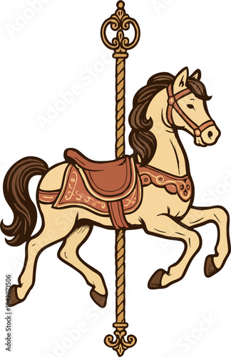 Vintage carousel horse illustration on ornate pole, retro amusement park ride artwork