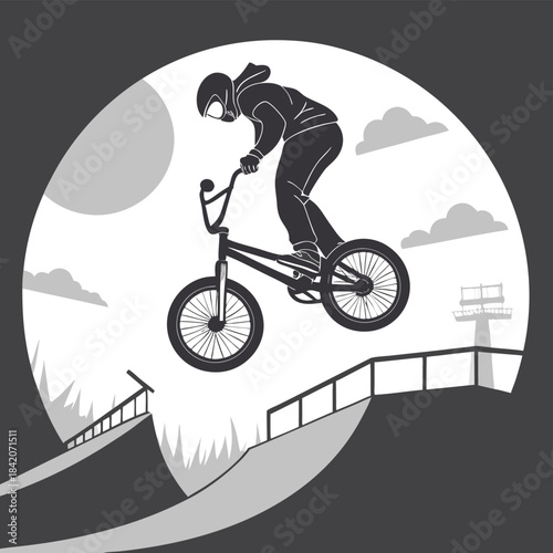 BMX Stunt Silhouette: A bold silhouette captures the dynamic energy of a BMX rider executing a daring stunt against a backdrop of clouds and a setting sun. 