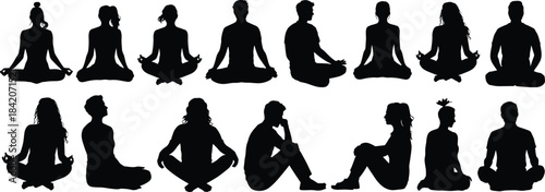 Diverse group meditation yoga silhouettes, people sitting zen poses, peaceful relaxation, mindfulness, concentration, spiritual wellness, healthy lifestyle, vector graphic.