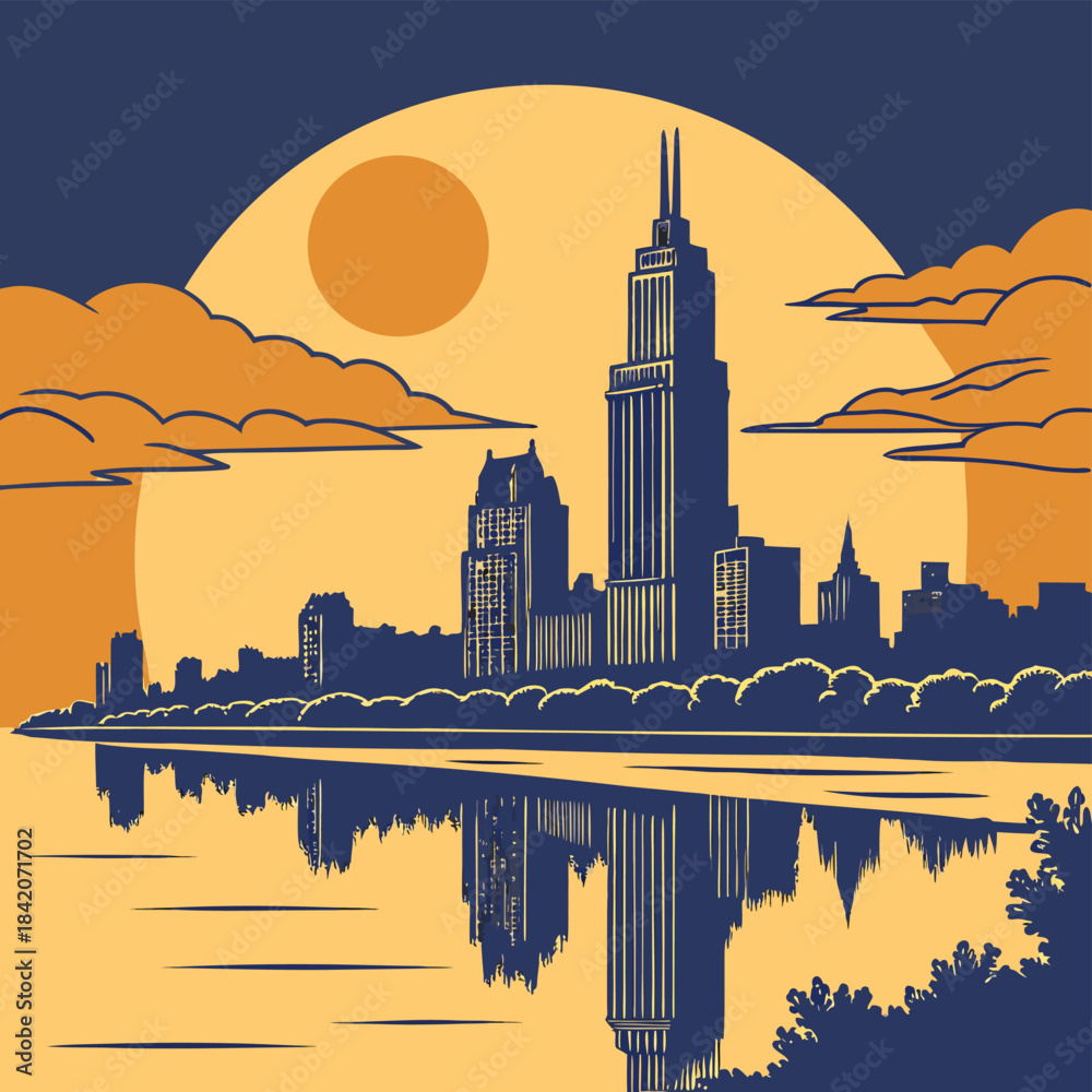Obraz premium Cityscape Illustration with Reflection: A stylized cityscape in silhouette, set against a warm, sunlit sky, with detailed building reflections in the tranquil water below, showcasing the urban beauty.