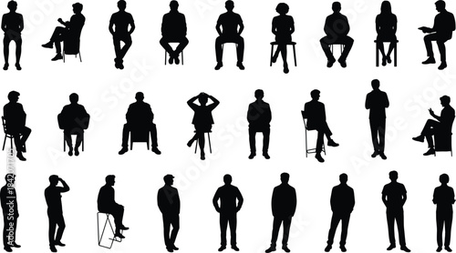 Large set of diverse people standing and sitting on chairs silhouettes, casual adults, full length, side and front view poses, vector collection.