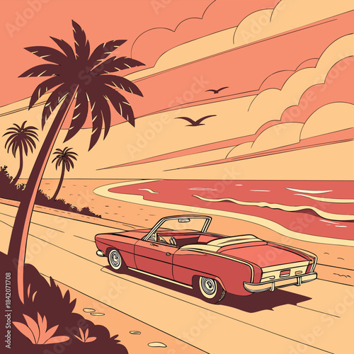 Vintage convertible cruising down scenic coastal road: A vintage convertible car cruises along a scenic coastal road. With palm trees and ocean views.