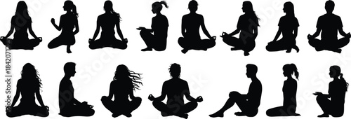 Multiple anonymous silhouettes of diverse people meditating and practicing yoga in various seated poses, symbolizing wellness, relaxation, spirituality, and fitness.