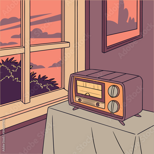 Vintage Radio's Serenade: A nostalgic scene unfolds as a classic radio sits poised on a table beside a window, ready to fill a room with timeless melodies, captured in a warm, inviting atmosphere.