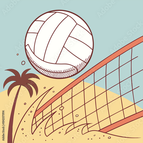 Volleyball Game Illustration: An illustration of a volleyball game in action, with a volleyball soaring over the net, capturing the dynamic energy of beach sport.