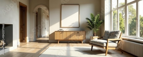 Spacious hall, comfy armchair Neutral tones, large window , elegant, hall, interior