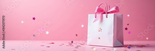 White gift bag, holographic star confetti on pink Festive holiday backdrop , confetti, pastel