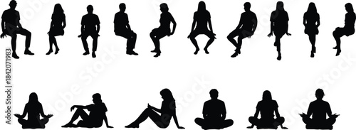 Silhouette collection of diverse adult people sitting, relaxing, and meditating in various poses on a white background, isolated vector set.