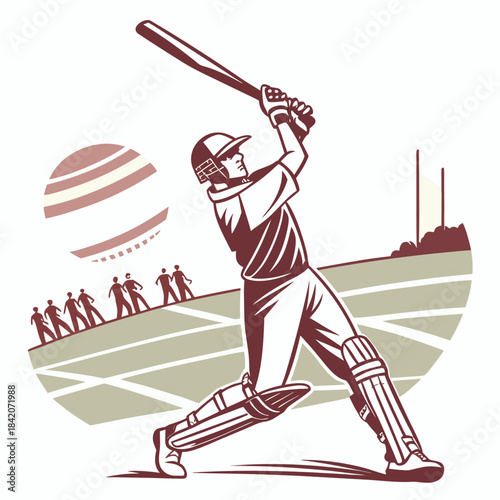 Cricket Player Swinging a Bat: A determined cricket player, poised and focused, swings the bat with precision, aiming to hit the ball in a dynamic action shot within a stadium setting.