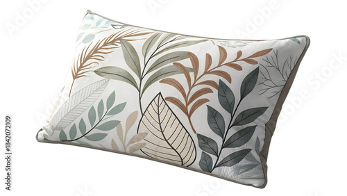A close up studio shot of a decorative throw pillow featuring a botanical print with various green and brown leaves and branches on a white background perfect for home decor and interior design