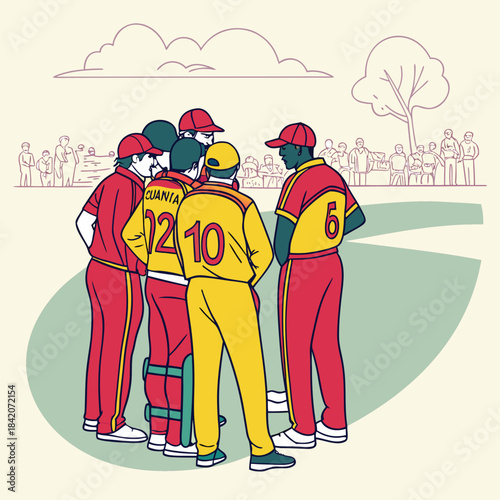 Strategic Huddle: Before a game, a cricket team gathers in a huddle, strategizing and planning their next moves. In a tense moment of a cricket match a team share a game plan.