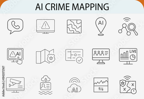 AI crime mapping vector icon set, artificial intelligence security analysis symbols