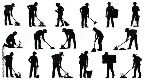 Black silhouette icons of a janitor performing various cleaning tasks including sweeping, mopping, vacuuming, scrubbing, and carrying supplies – ideal for housekeeping, sanitation, and maintenance vis