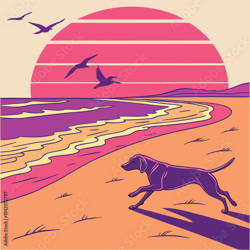 Coastal dog run: A vibrant illustration showcasing a dog joyfully sprinting along a picturesque beach, under a colorful sunset. It evokes feelings of freedom, joy and summer.