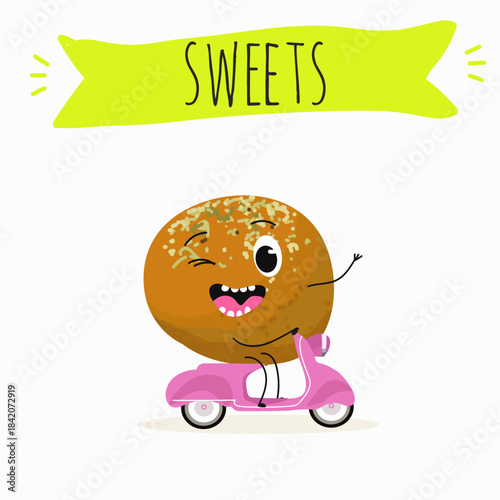 Funny Characters lokma, tulumba. Turkish,  Eastern sweets. Hand drawn vector illustration.