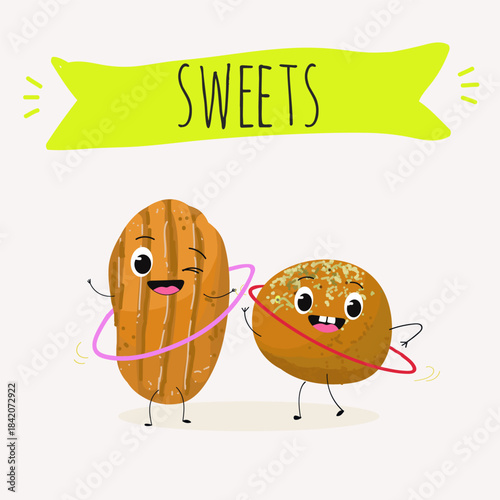Funny Characters lokma, tulumba. Turkish,  Eastern sweets. Hand drawn vector illustration.