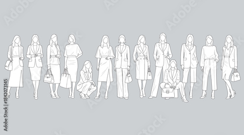 Monochromatic illustration of thirteen fashionable female figures in business attire with accessories like handbags and coffee cups – ideal for office fashion, career women, style concepts, and workpl