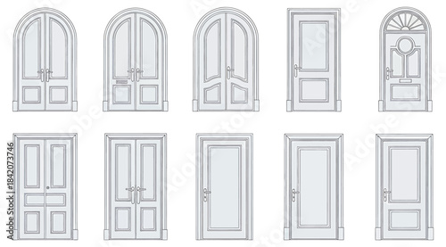 Illustration of ten unique door designs featuring arched and rectangular styles with decorative panels and glass elements – ideal for architectural references, interior design, and construction planni