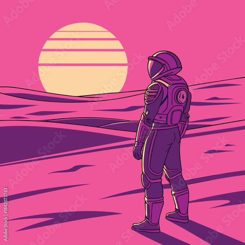 Astronaut on New Planet: An astronaut stands, gazing out at the breathtaking expanse of a newly discovered planet, with a giant sun, embarking on a journey to the unknown.