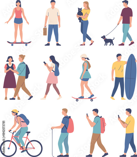 Flat vector illustration of diverse people walking, cycling, skateboarding, surfing, and using smartphones in everyday urban outdoor activities