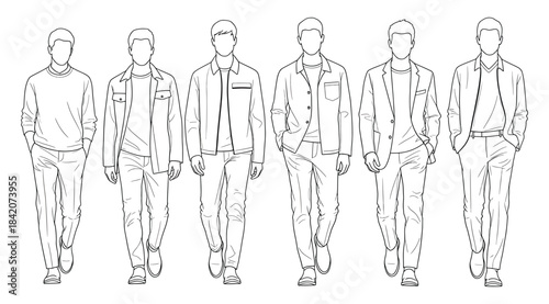 Black-and-white line drawings of six male fashion figures walking forward in varied casual outfits – ideal for fashion design, garment fit studies, style illustration, and motion-based clothing presen