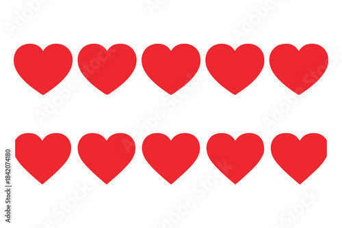 Ten identical red heart symbols arranged in two horizontal rows on a plain white background

