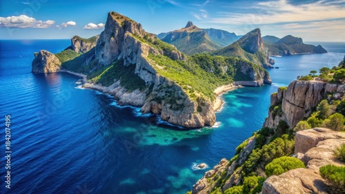 Towering limestone cliffs plunge dramatically into turquoise Mediterranean waters beneath Cap Formentors rugged peak