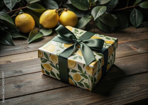 A vibrant yellow gift box adorned with a classic lemon pattern and finished with a matching satin ribbon sits neatly on a decorative wooden table