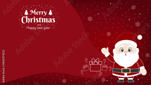 A cheerful and festive Christmas template featuring a cute Santa Claus character waving beside a pile of gift boxes, set against a rich, deep red gradient background with falling snow and snowflakes.