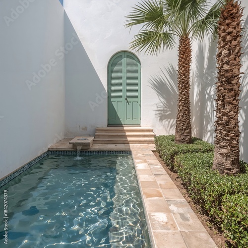 Charming turquoise swimming pool located inside traditional house courtyard highlighted by lush palm tree exterior design background aesthetic wallpaper 4k
