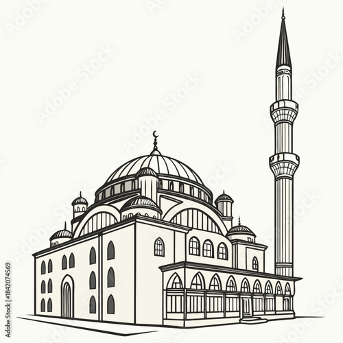Serene Mosque Silhouette: A detailed pen-and-ink illustration of a majestic mosque, with its dome, minaret, and architectural details, representing a place of peace and spiritual significance.