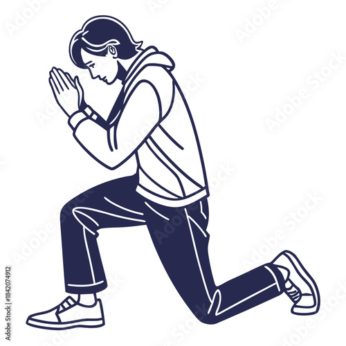 Praying Man: A solitary figure, kneeling with clasped hands in silent reverence, embodies introspection and devotion. This sketch captures moment of deep faith and spiritual connection.