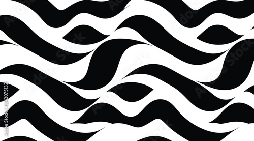 Abstract black-and-white pattern of curved, interwoven shapes creating rhythmic visual flow – ideal for optical art, textile design, motion graphics, and high-contrast decorative or conceptual composi
