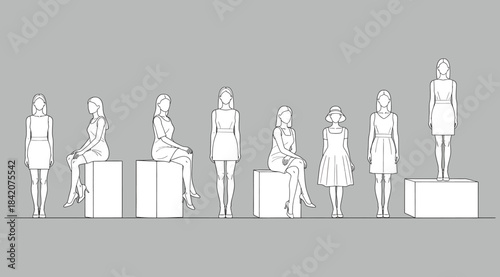 Stylized monochromatic illustration of eight female figures in dresses posed on varying-height blocks – ideal for fashion design, posture studies, visual hierarchy concepts, and artistic composition r