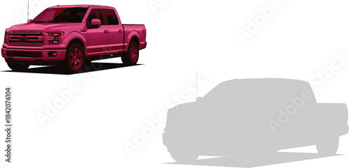 Red  model truck driving on an isolated road, illustrating speed and transportation design