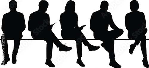Anonymous silhouettes of five diverse individuals sitting together on a long bench, actively using modern digital tablets and phones for work or leisure.