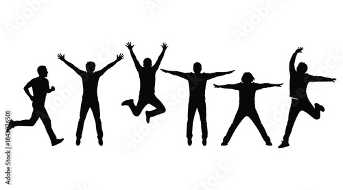 Black silhouette illustration of six human figures in dynamic poses like running, jumping, and standing – ideal for motion design, expressive gesture studies, physical activity visuals, and energetic 