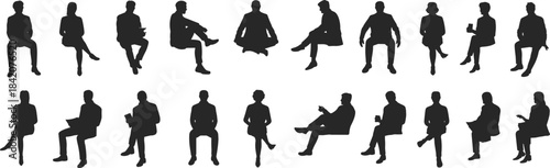 Diverse Group of Sitting People Silhouettes, Vector Collection of Men and Women for Architectural Plans and Graphic Design Projects.