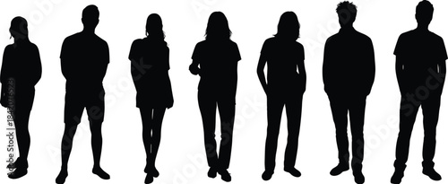 Diverse group of seven anonymous young people standing together in casual attire, representing a modern social community and diverse student population.