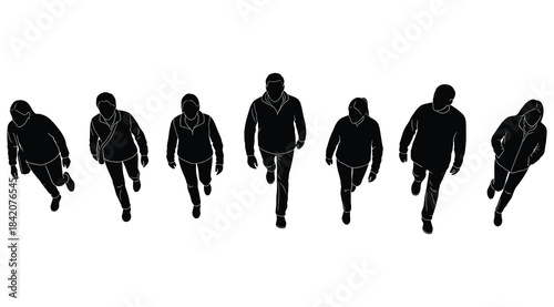 Black silhouette illustration of eight individuals walking forward in a V-shaped formation – ideal for visuals symbolizing unity, leadership, group dynamics, motion design, and minimalist character co