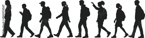 Diverse group of young people walking silhouettes, travelers or students, hiking, outdoor activity, full length, black vector illustration, white background.