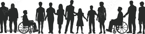 Large anonymous group of diverse people, including children and wheelchair users, holding hands, symbolizing global community, inclusion, unity, and support.