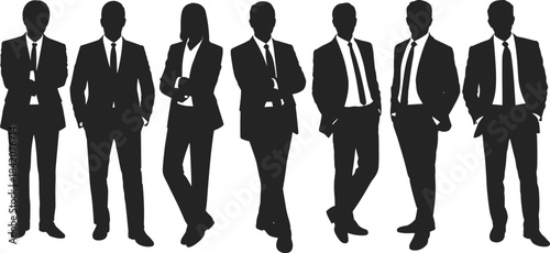 Professional silhouettes of seven diverse business executives standing with confidence, representing corporate teamwork, success, authority, and strong leadership.
