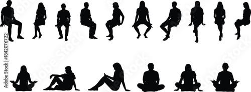 Silhouette collection of diverse adult people sitting, relaxing, and meditating in various poses on a white background, isolated vector set.