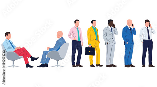 Illustration of six men in business attire transitioning from seated to standing, with mobile phones and briefcase – ideal for workplace interaction visuals, corporate diversity, and professional acti