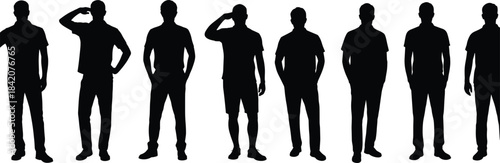 Silhouettes of five diverse, anonymous people sitting together on a bench, intently focused on their mobile digital devices and connecting online.