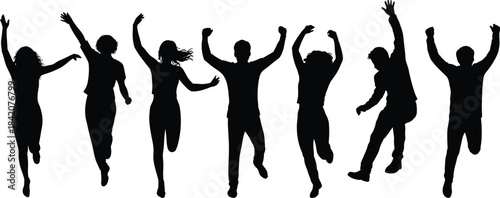 Silhouettes of joyful young people jumping high with arms raised in celebration, symbolizing freedom, success, pure happiness, and boundless energy.