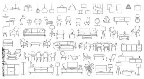 Line drawing collection of furniture and home decor items including lamps, chairs, tables, shelves, and plants – ideal for interior design references, architectural planning, and visual style catalogs